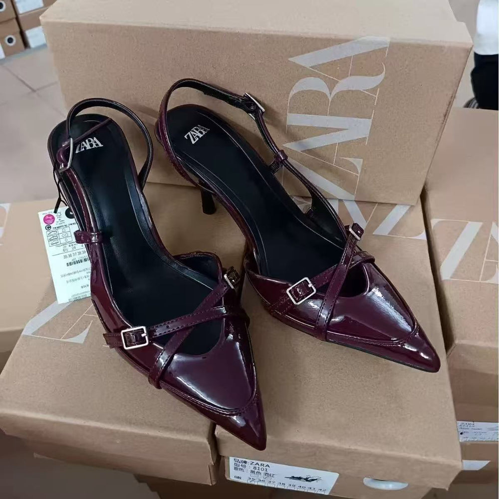 Za manufacturer 2024 summer export criss-cross buckle strap pointed toe high heel sandals british style mule women's shoes