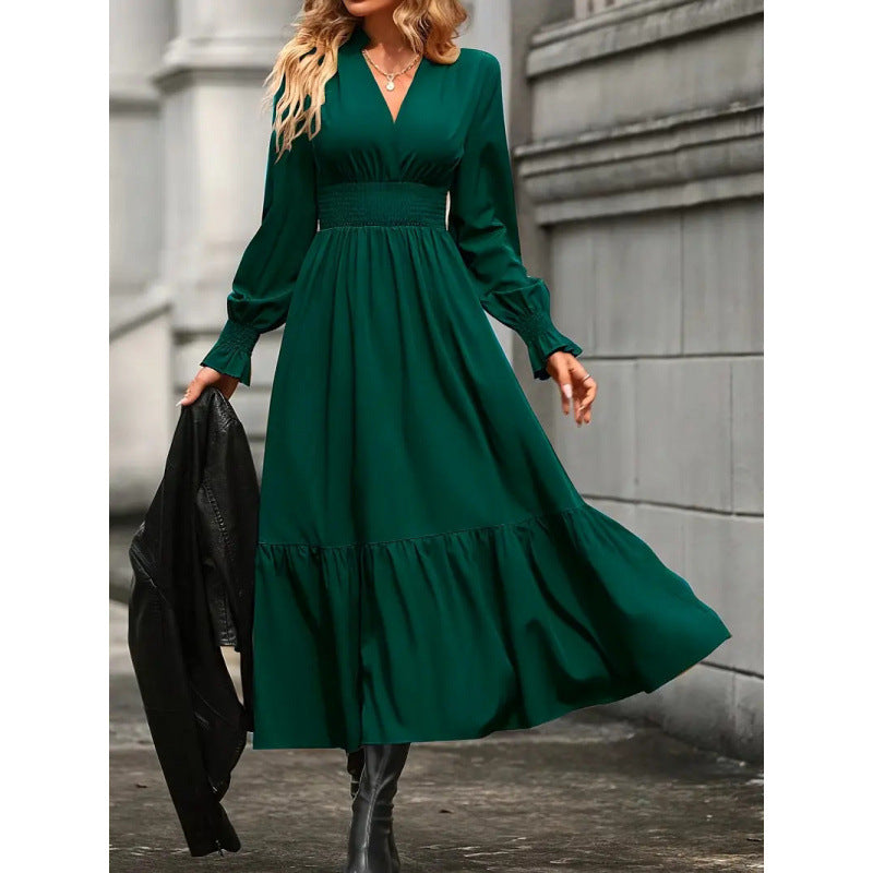 Shipped:  new european and american style women's elegant solid color v-neck long sleeve maxi dress