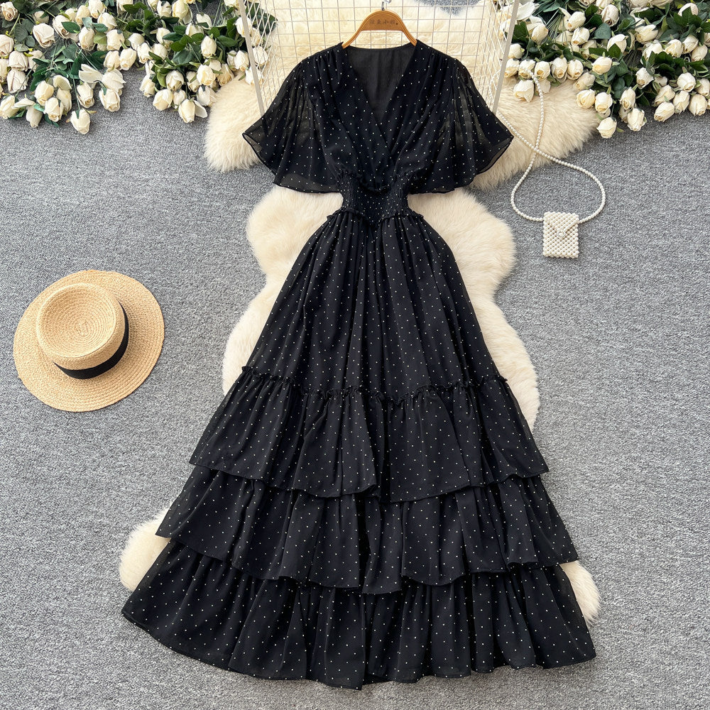 Frenchv neck red polka dot elegantdress women's summer waist slimming look a-line cake skirt dopamine style