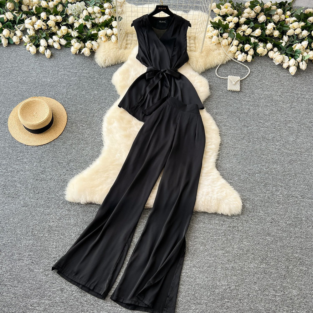 Light mature style summer dress for women new arrivalsense of design strap waist sleeveless satintopshigh waist slit mop pants pants