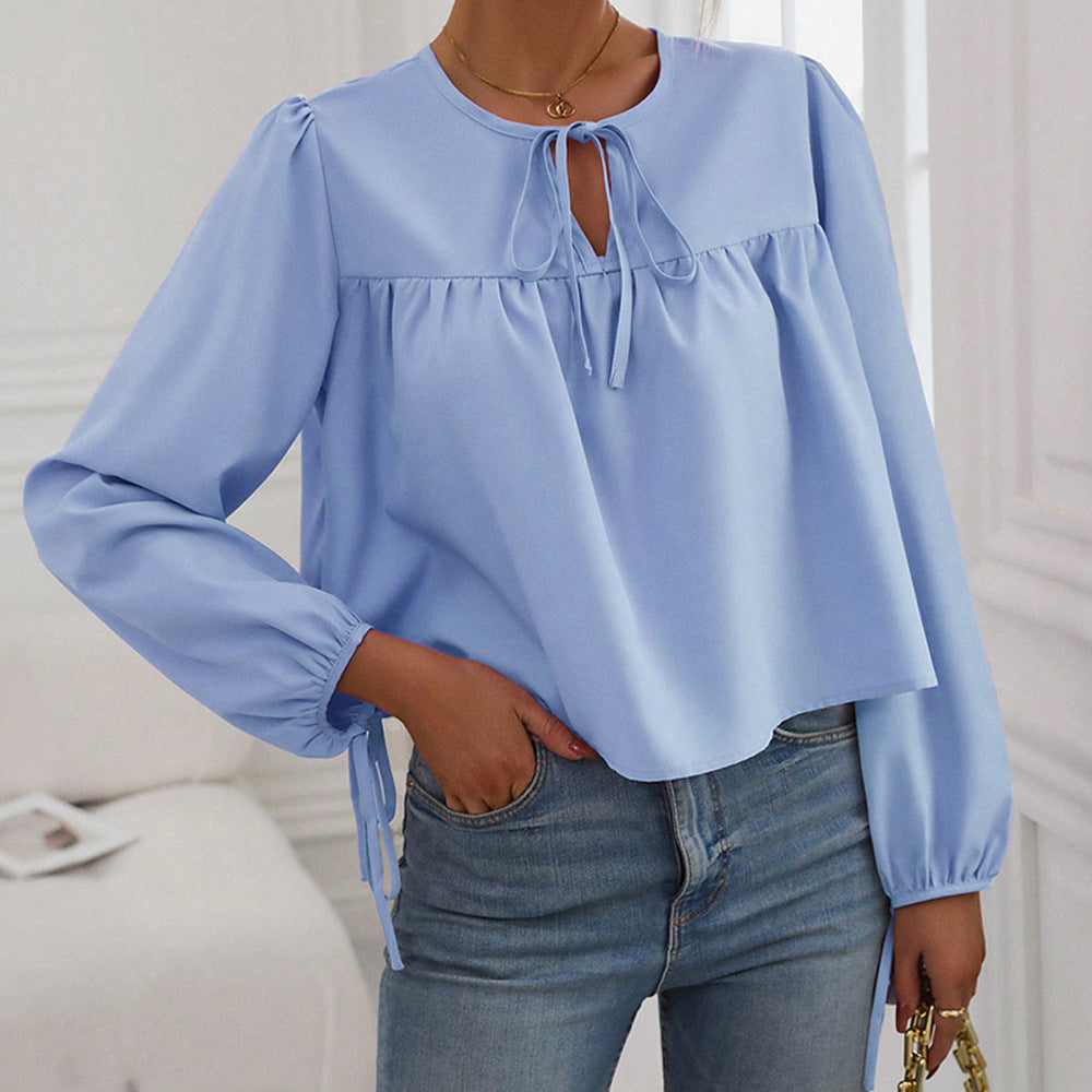 Cross-border European and American women's clothing 2024 autumn and winter crew neck lace-up bubble sleeves loose casual temperament women's pullover top