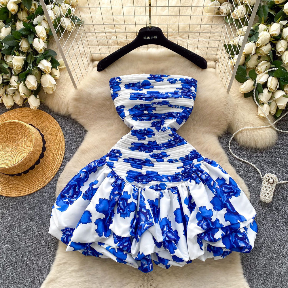 French holiday style one shoulder tube top puffy skirt women's clothing niche style pleated elastic off-shoulder hem ruffles skirt