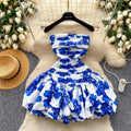 French holiday style one shoulder tube top puffy skirt women's clothing niche style pleated elastic off-shoulder hem ruffles skirt
