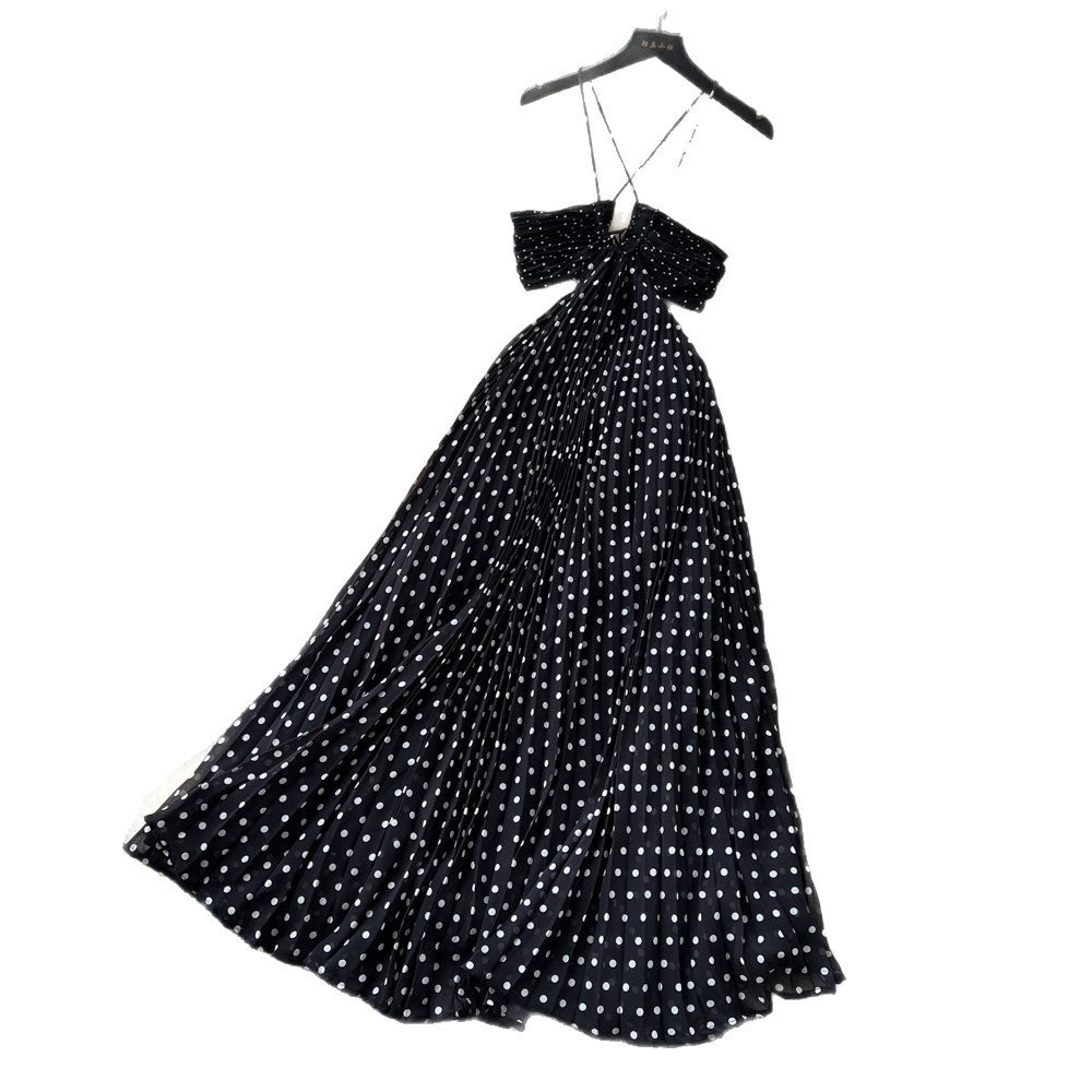 French polka dot suspender sexy backless dress women's korean style black v neck waist slimming look long skirt classy sense