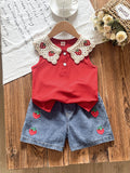 hot selling girls' cute strawberry solid color top with embroidered denim shorts two-piece set