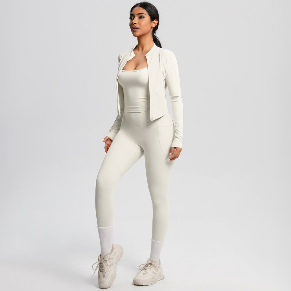 European and american outdoor casual tight-fit pocket yoga outfit set - quick-dry, high-waisted, slimming, cloud-like comfort, three-piece activewear set