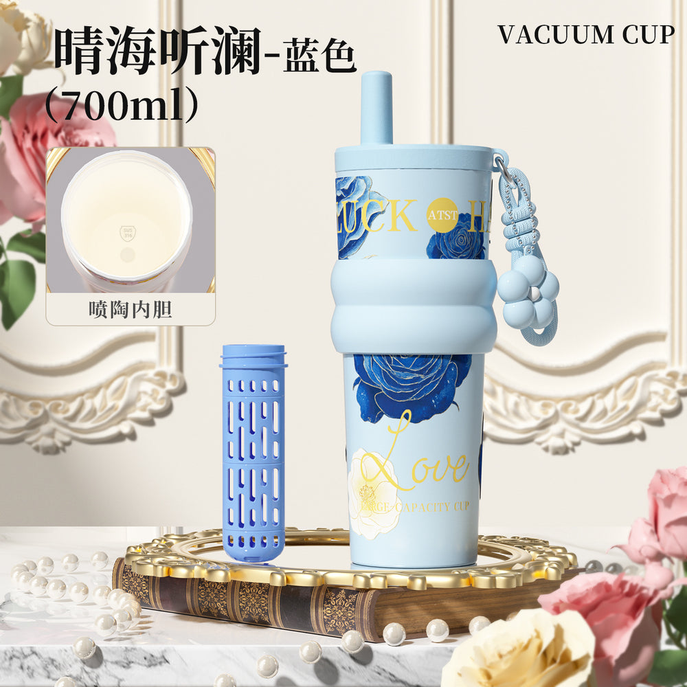 Blooming ice cup ceramic liner insulated cup cold cup large capacity good-looking water cup portable car straw cup