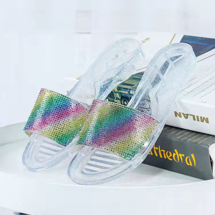 2024 new fashion women's slippers - summer rhinestone stylish ladies' outdoor wear, girly heart-shaped flat color block sandals