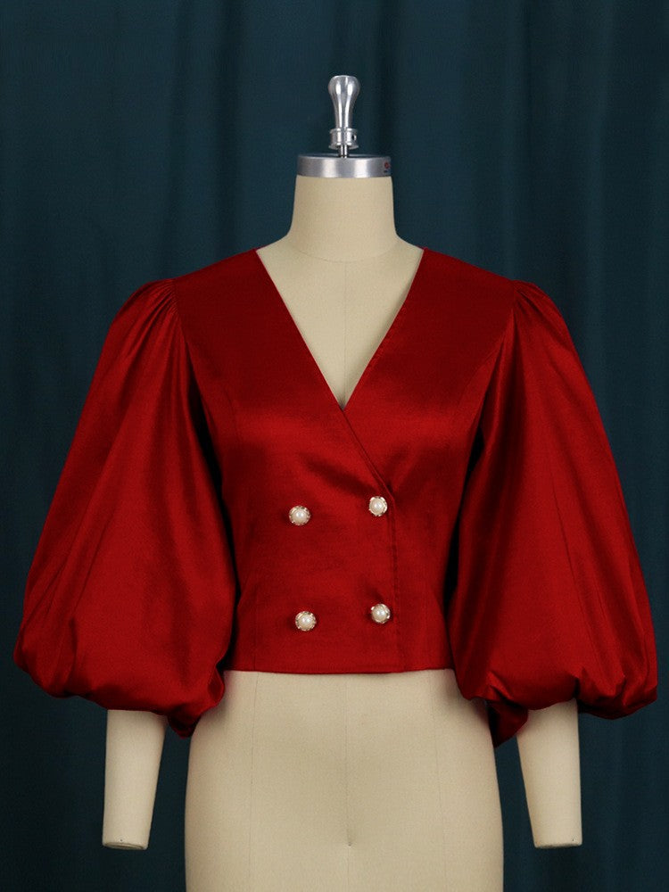 Am211114v neck lantern sleeve button cardigan silmshort party women's shirt tops