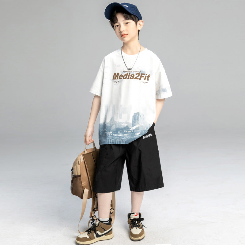 Boys' short-sleeve and shorts set: trendy crew neck t-shirt for boys, summer , versatile base layer, athletic top