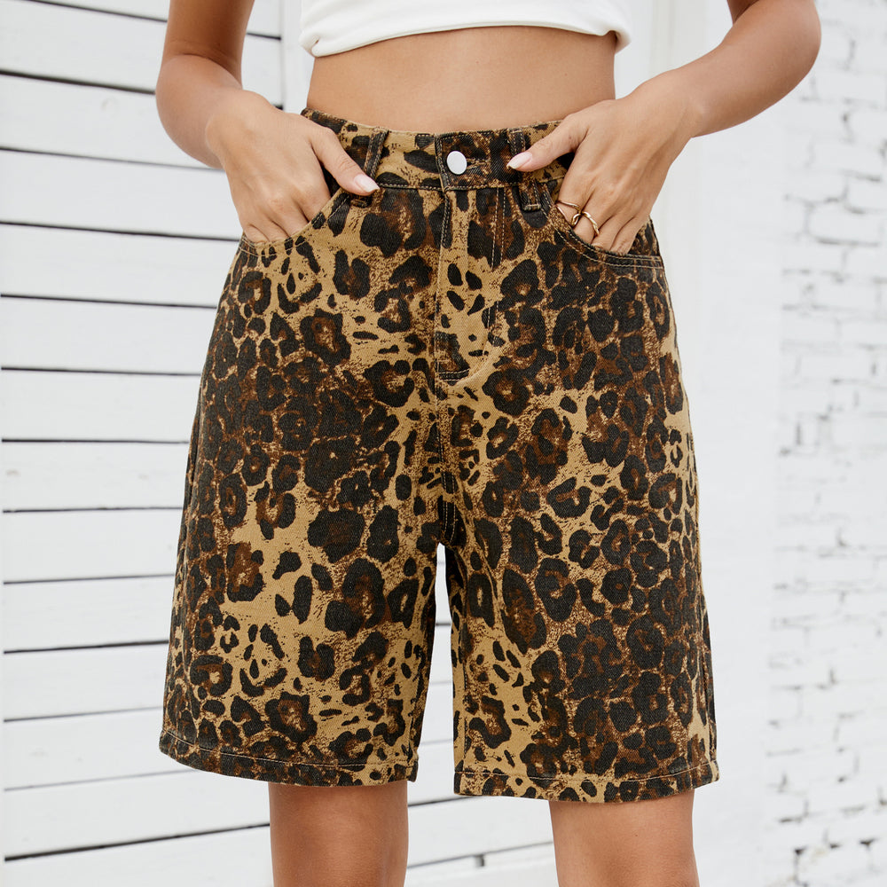 European and american cross-border  summer new arrivals:  &  washed casual retro leopard print slim-fit denim shorts