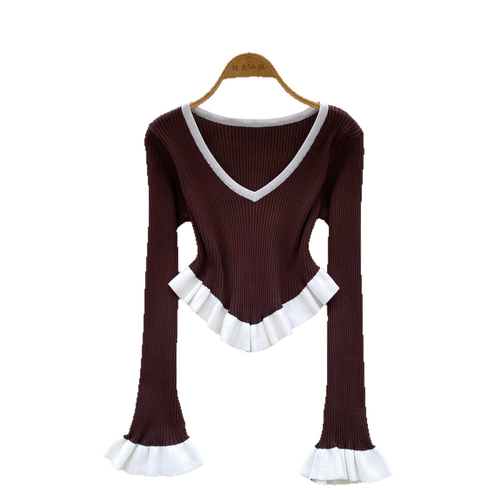 European and american style color block striped knit top - autumn ruffle hem flare sleeve slim fit outerwear base layer