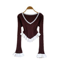 European and american style color block striped knit top - autumn ruffle hem flare sleeve slim fit outerwear base layer