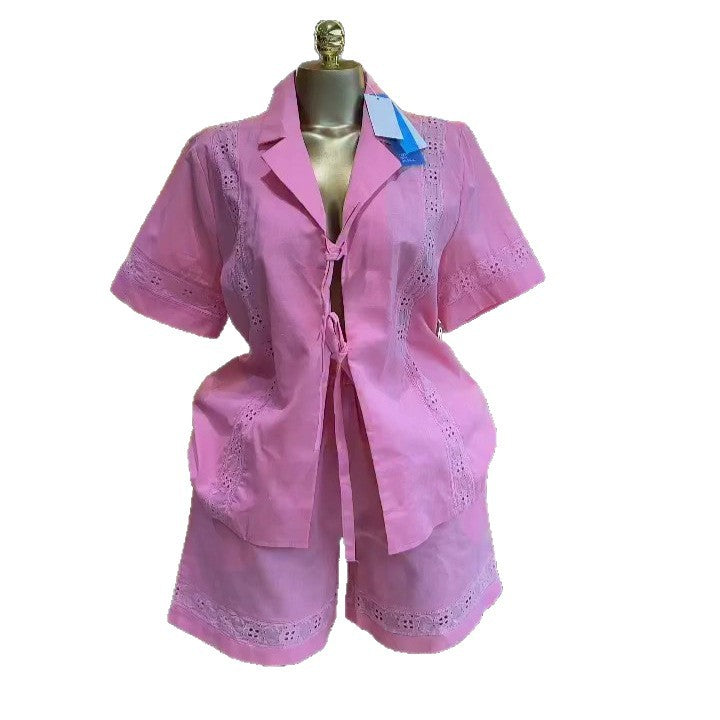 European and american cross-border women's fashion:  summer new collection - stylish cutout tie-up short sleeve shirt & wide leg shorts casual set