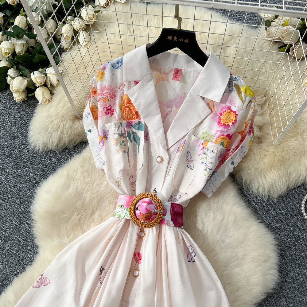 2025 spring new arrival: royal court style retro stand collar dress - european & american socialite design, cinched waist, single-breasted button, printed maxi dress