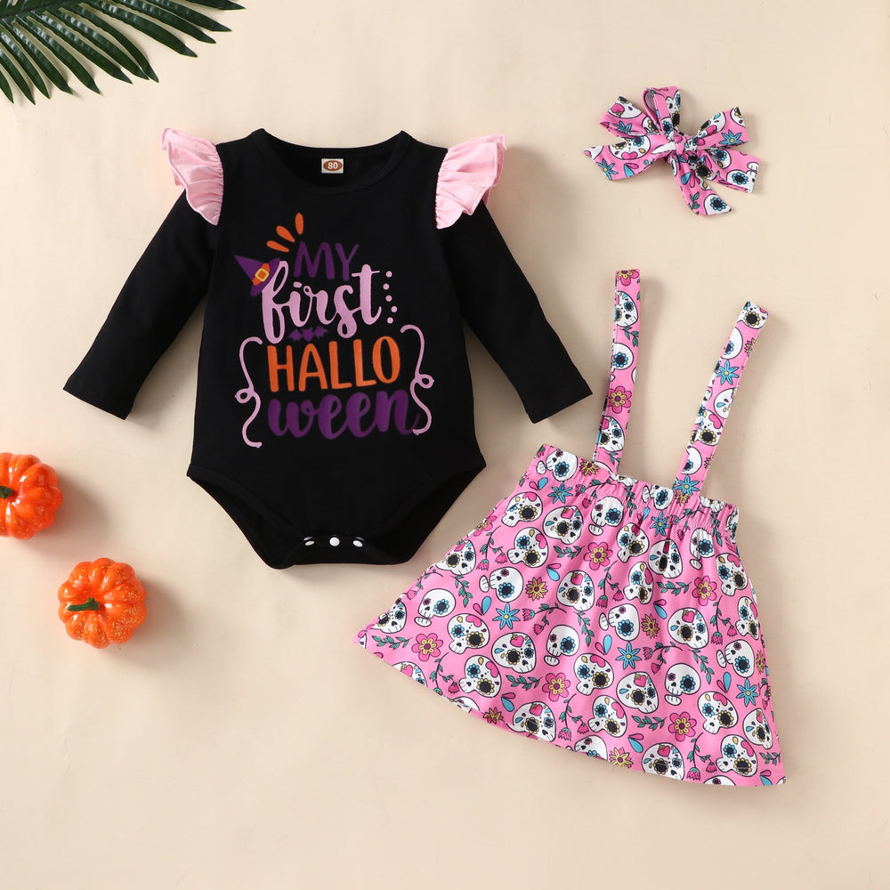 new cross-border heat transfer baby & toddler autumn long-sleeve halloween suspender dress three-piece set with triangle romper