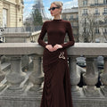 european and american women's clothing  winter new collection solid color long sleeve crew neck metallic embellished pleated bodycon dress