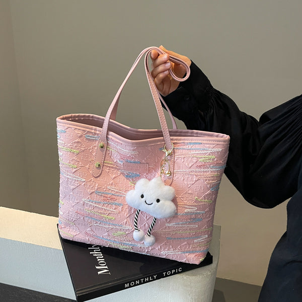 Portable large-capacity bag 2025 new contrasting color casual striped versatile high-end shoulder bag simple tote bag