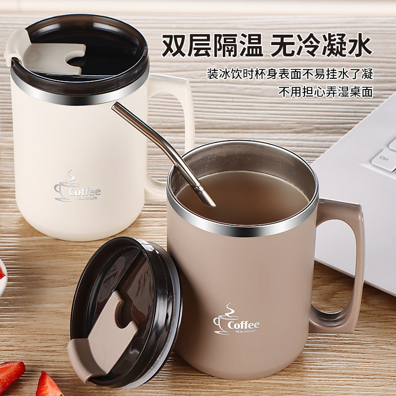 304 stainless steel coffee mug with lid - stylish women's mug, office cup, large capacity straw water bottle