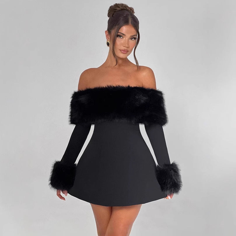 European and american  fall/winter new arrival: cross-border women's fashionable, elegant, and sexy shearling collar off-the-shoulder slim-fit a-line dress