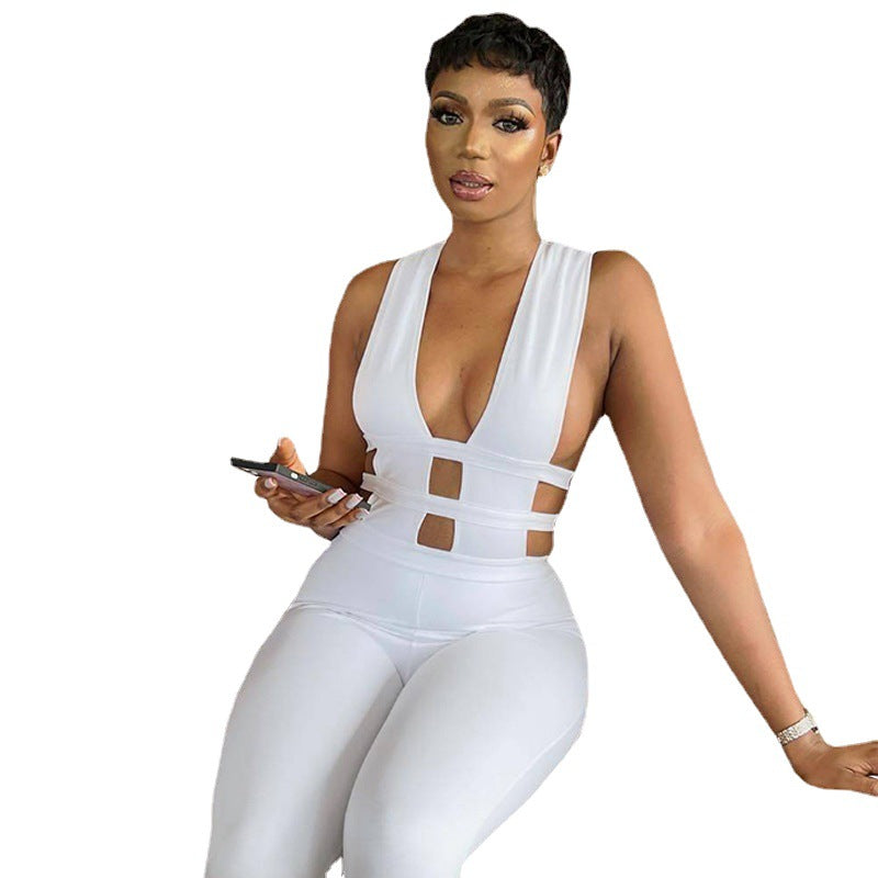 European and american style  summer solid color pants hollow out patchwork high waist slimming butt lifting fashion casual jumpsuit wholesale