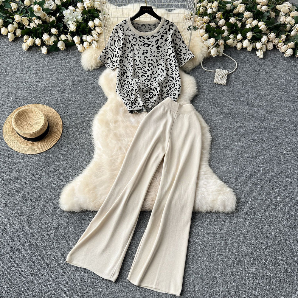 European and american hot girl style leopard print crew neck short sleeve t-shirt + high waist slimming solid color wide leg trousers two-piece set