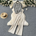 European and american hot girl style leopard print crew neck short sleeve t-shirt + high waist slimming solid color wide leg trousers two-piece set