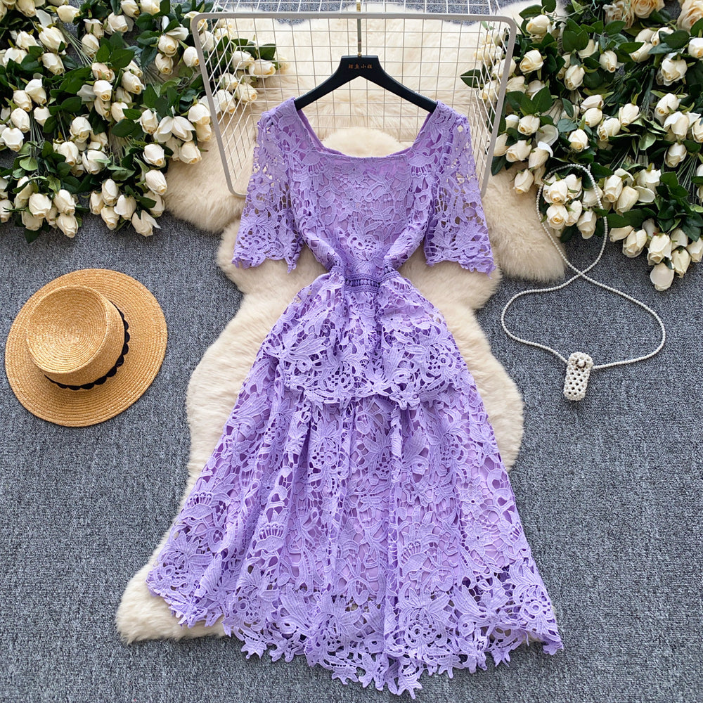 summer french high-end women's formal dress - luxury intricate crochet lace short-sleeve fitted midi dress