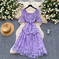 summer french high-end women's formal dress - luxury intricate crochet lace short-sleeve fitted midi dress