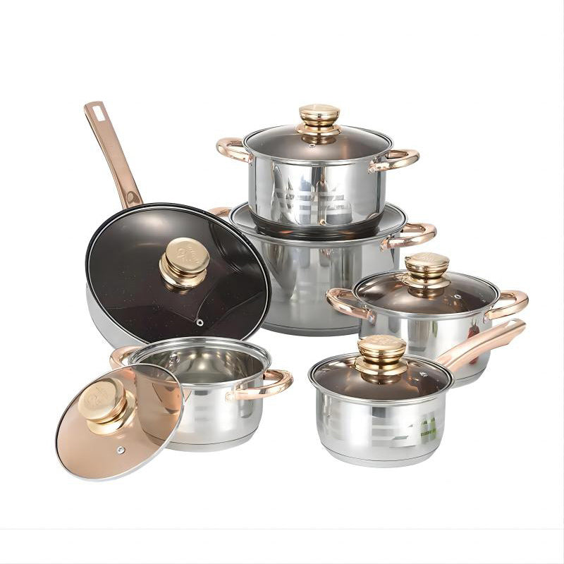 new compound bottom stainless steel pot kitchen simple frying pan soup pot milk pot with lid twelve-piece set wholesale