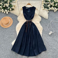 Korean style sleeveless v-neck dress for women,  summer high-end tie-waist slimming a-line denim dress