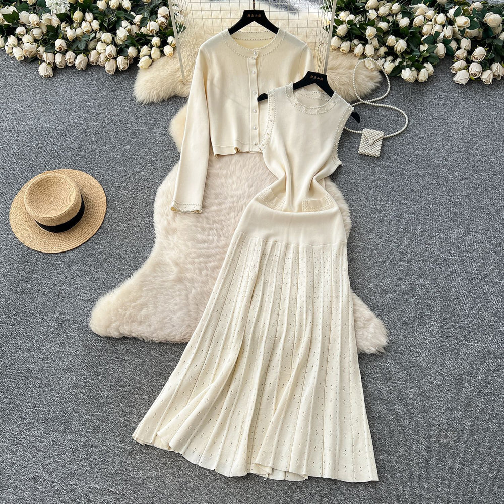 Classy tweed style outfit women's autumn fashion beading round neck sleeveless knittingdresslong sleevecardiganoutwear