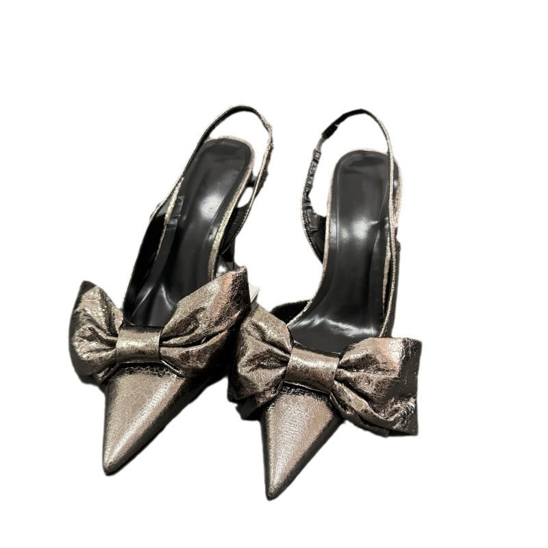 Z's new gray bows ultra-high heel metal cracked back strap stiletto women's sandals