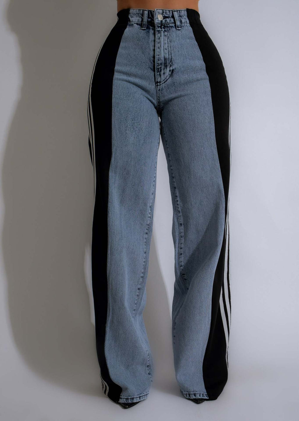 summer fashion patchwork three-stripe wide-leg denim pants - new women's casual high-waisted stretch straight-leg trousers