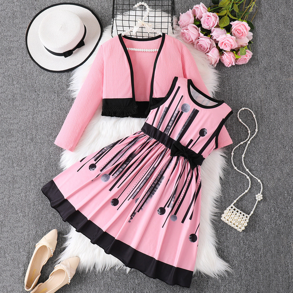 girls' skirt set: pink tank dress with long-sleeved jacket, autumn outfit for girls, two-piece children's set