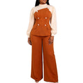 Autumn new color block casual two-piece set: chic commute patchwork waist ruffle top and wide-leg pants outfit