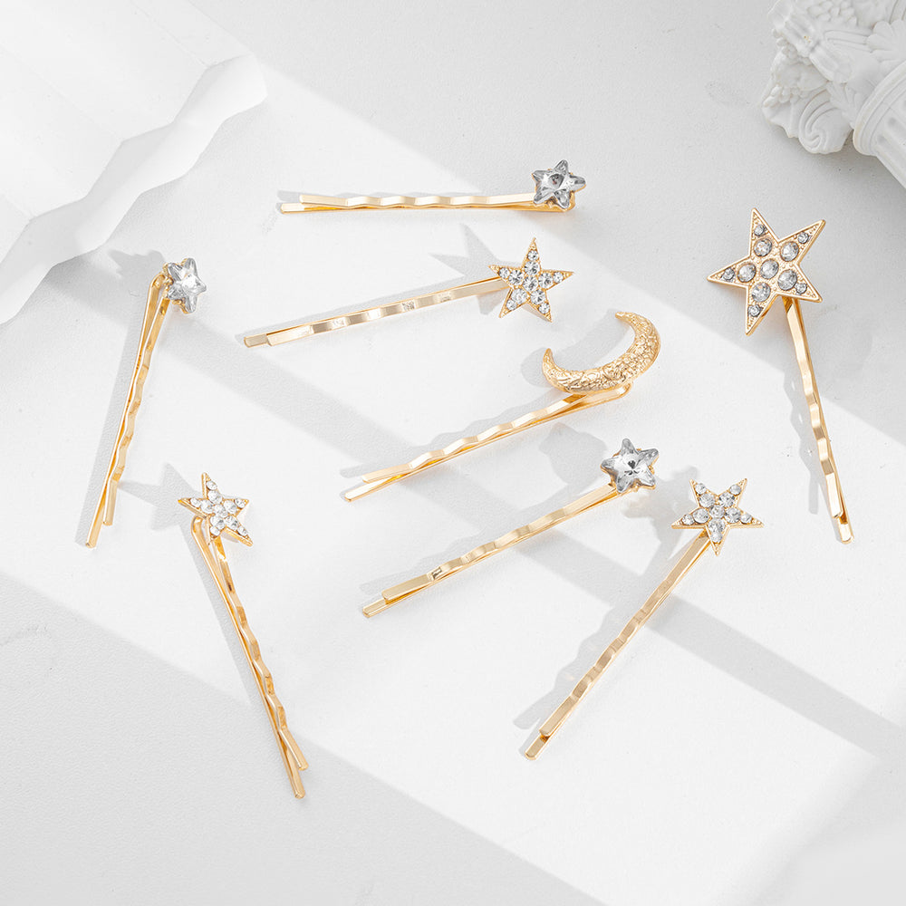 Wholesale rhinestone star hair clips - european & american style cross-border jewelry - versatile new year's bridesmaid moon bobby pin hair clip set for women