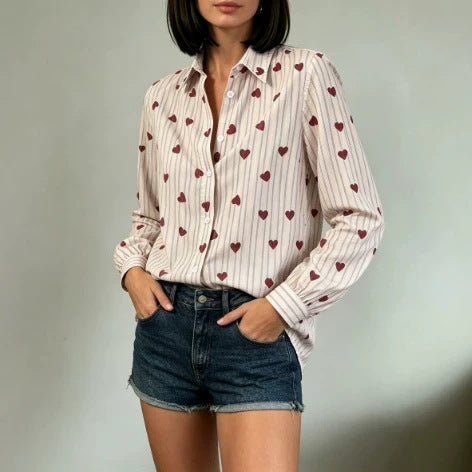 casual heart stripe shirt - vertical stripe red heart print, turn-down collar, puff sleeves, everyday versatile long sleeve