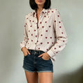 casual heart stripe shirt - vertical stripe red heart print, turn-down collar, puff sleeves, everyday versatile long sleeve