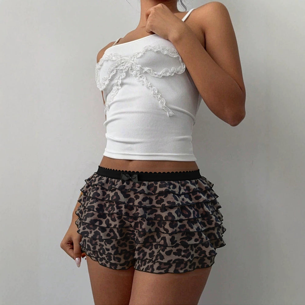summer new arrival: cross-border leopard print tiered ruffle shorts - low-rise, spicy girl style, sweet & cool, slimming cake pants