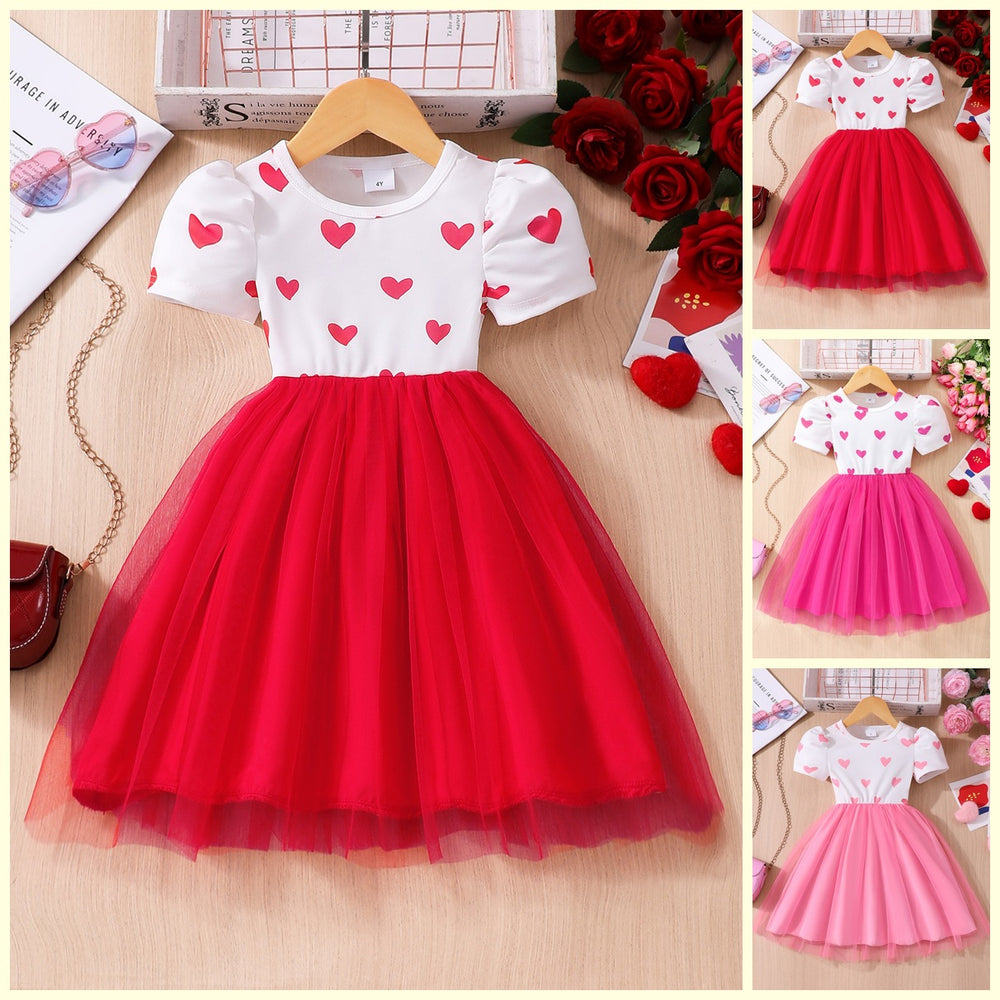 Kids' heart print short-sleeve mesh dress