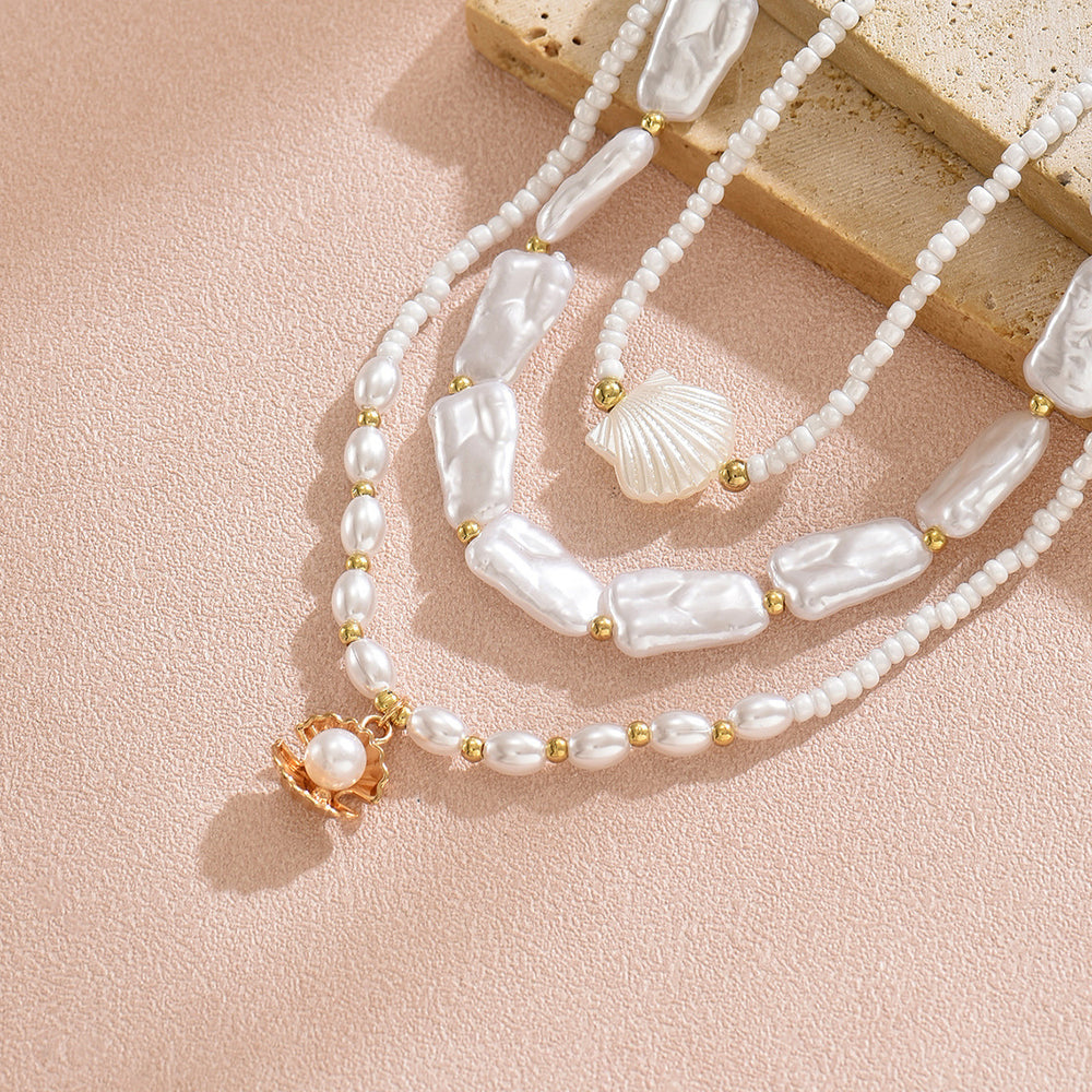 Bohemian beaded necklace wholesale - european & american cross-border style - women's light luxury, multi-layered, shell & pearl clavicle chain