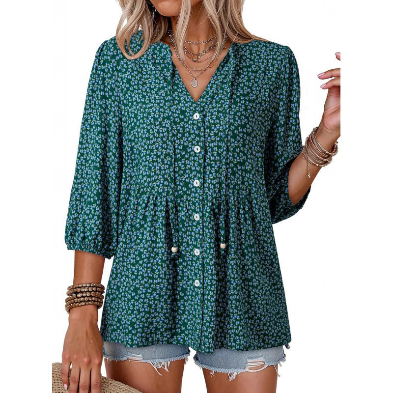summer bohemian floral short sleeve button-down v-neck ruffle trim babydoll casual loose shirt