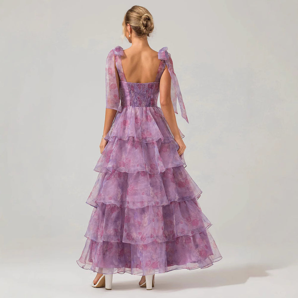 spring/summer new european and american sleeveless fashion floral camisole off-the-shoulder tie-up maxi dress in organza