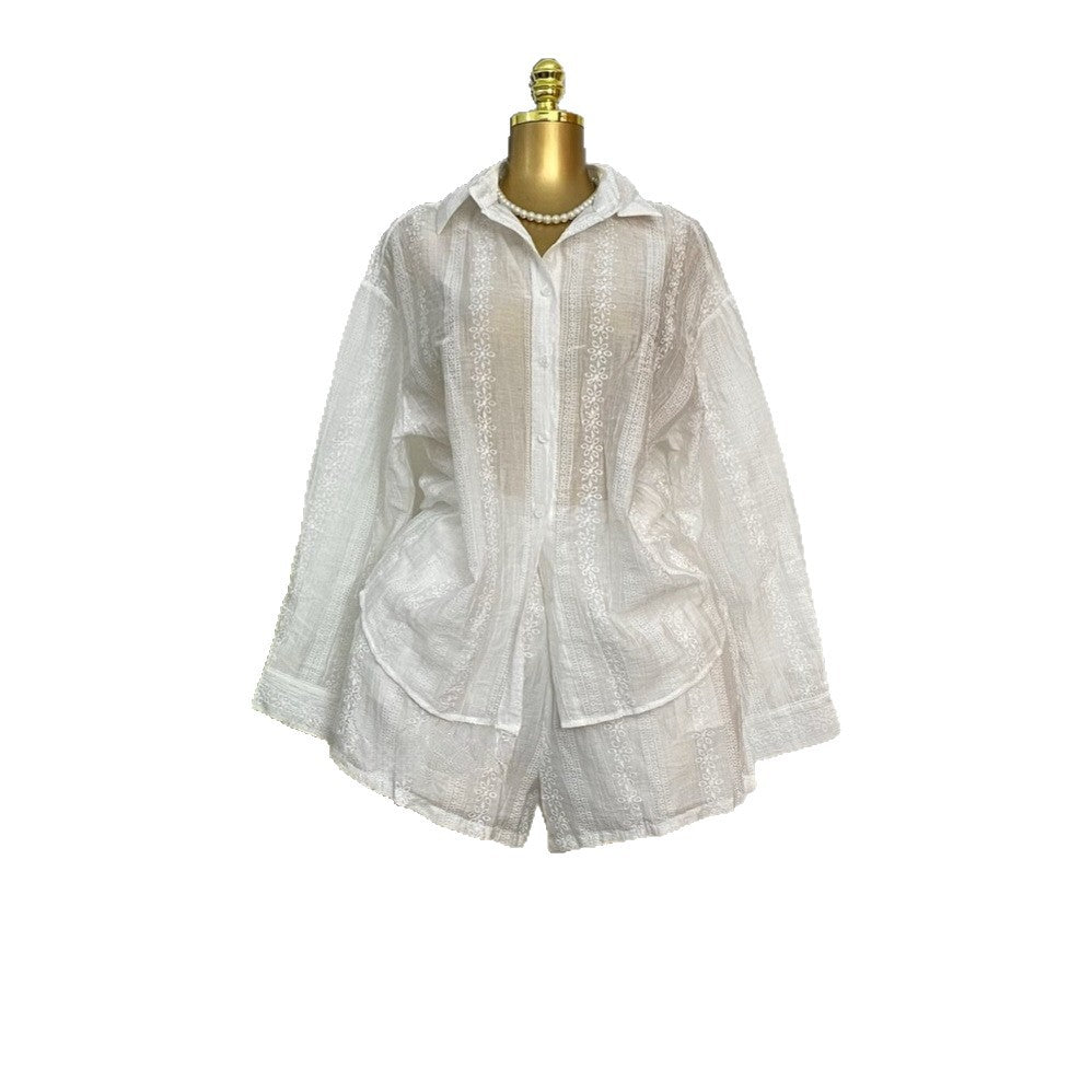 European and american cross-border women's fashion:  spring new collection - stylish turn-down collar, loose-fit solid color blouse and wide-leg shorts set