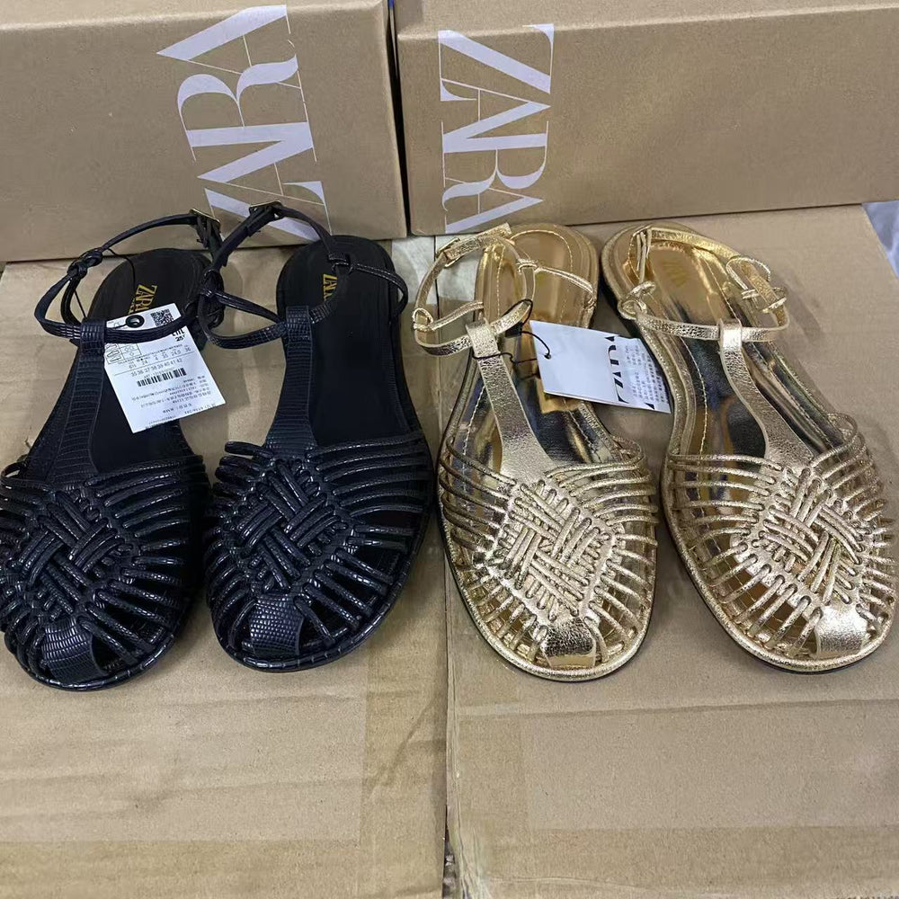 Za2025 new retro round toe flat roman sandals - woven, hollow-out, single strap buckle, fashionable closed-toe sandals