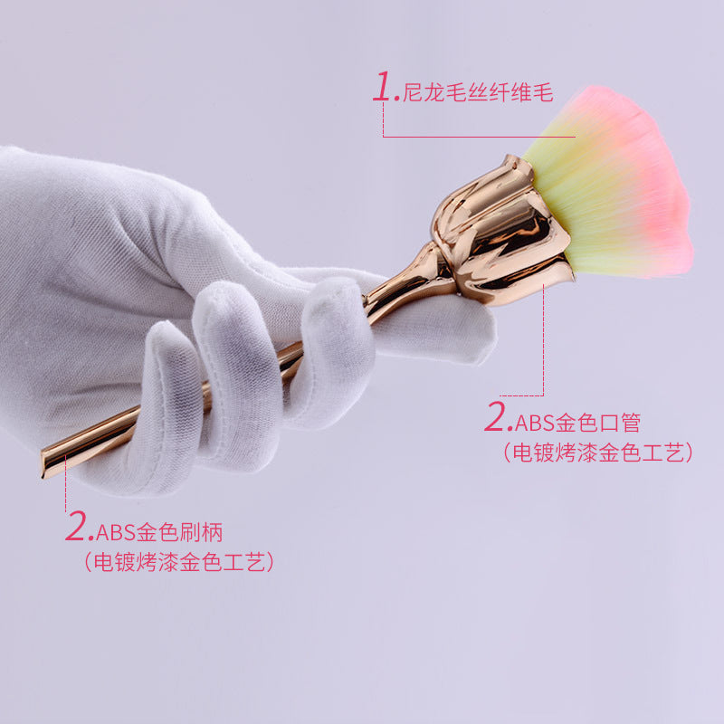New gold electroplated rose powder brush, large soft bristle nail art dust brush, single pack floral makeup brush