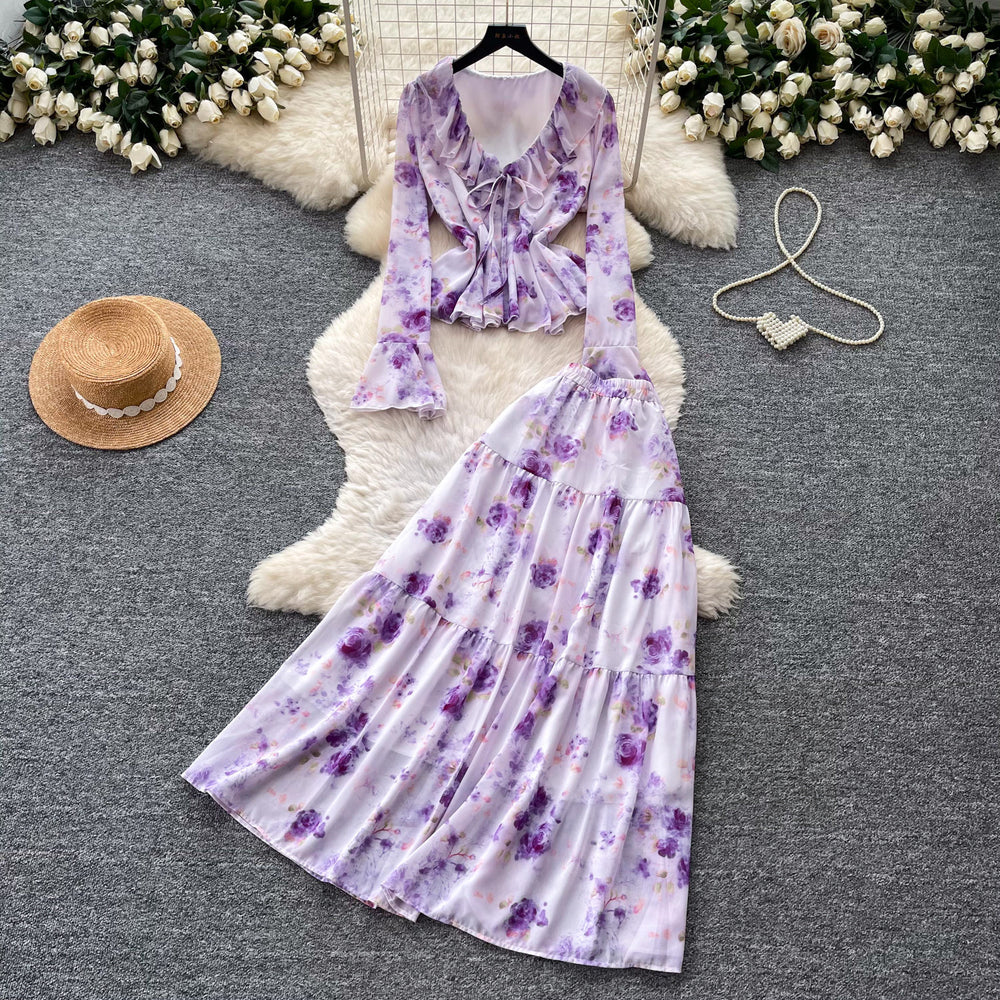 French romantic rose floral two-piece set for women - spring v-neck floral print lantern sleeve slimming chic outfit