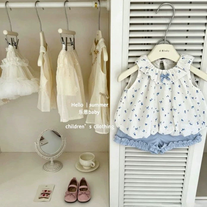 Girls' summer outfit : new floral sleeveless top and shorts set, princess style, two-piece outerwear for toddlers and young children