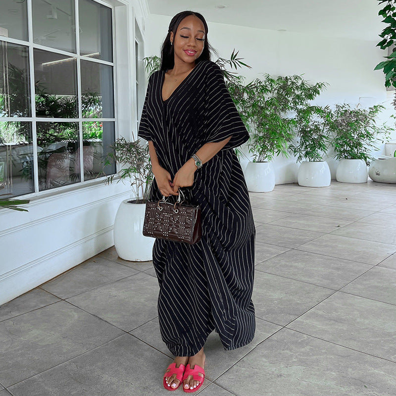 European and american women's clothing  autumn new sweet and fresh striped v-neck batwing sleeve loose waist maxi dress